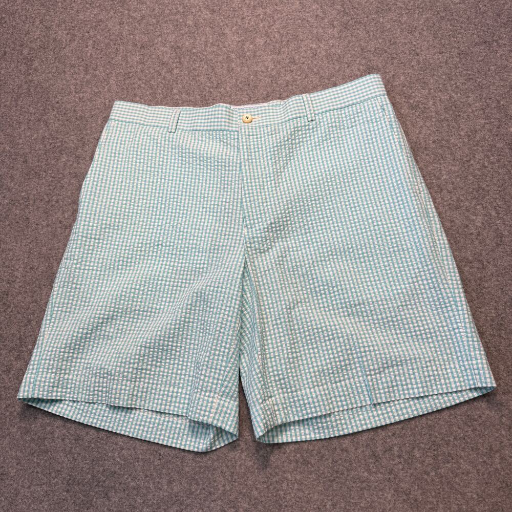 Men's Southern Tide Turquoise Check Gingham Flat Front‎ Cotton Shorts Size 36